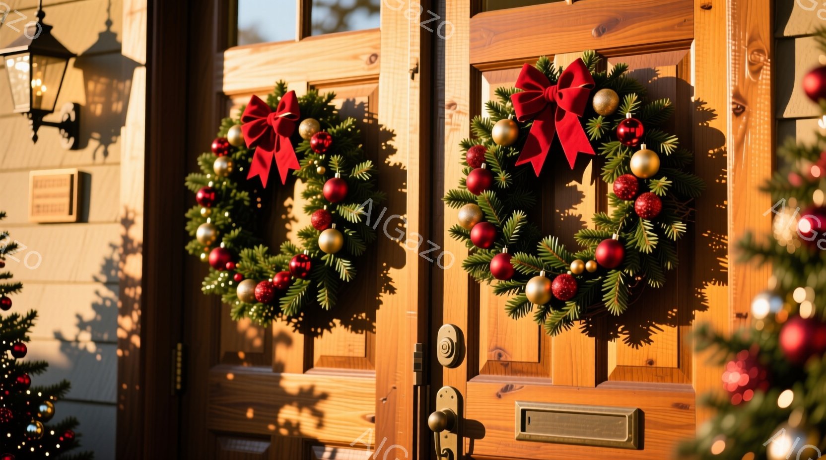 玄関の木製のドアに、二つのクリスマスリースが飾られています。リースは緑の葉と赤い実、金色の飾りで彩られ、赤いリボンがアクセントになっています。ドアの周りには木製のパネルが使われており、壁にはアンティーク調のランタンが取り付けられています。
