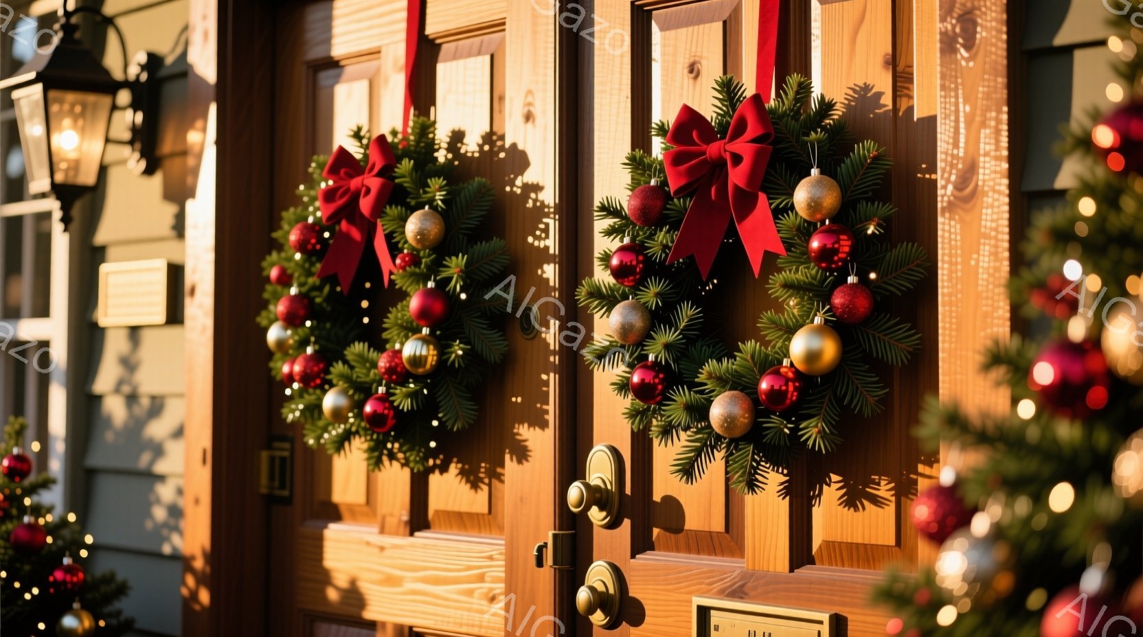 玄関の木製のドアには、赤と金のオーナメントで飾られたクリスマスリースが左右に飾られています。ドアノブは金色で、背景にはぼやけたクリスマスツリーの明かりが見え、暖かくお祝いの雰囲気を醸し出しています。全体的に、クリスマスの準備が整った、居心地の良い家庭的な光景です。