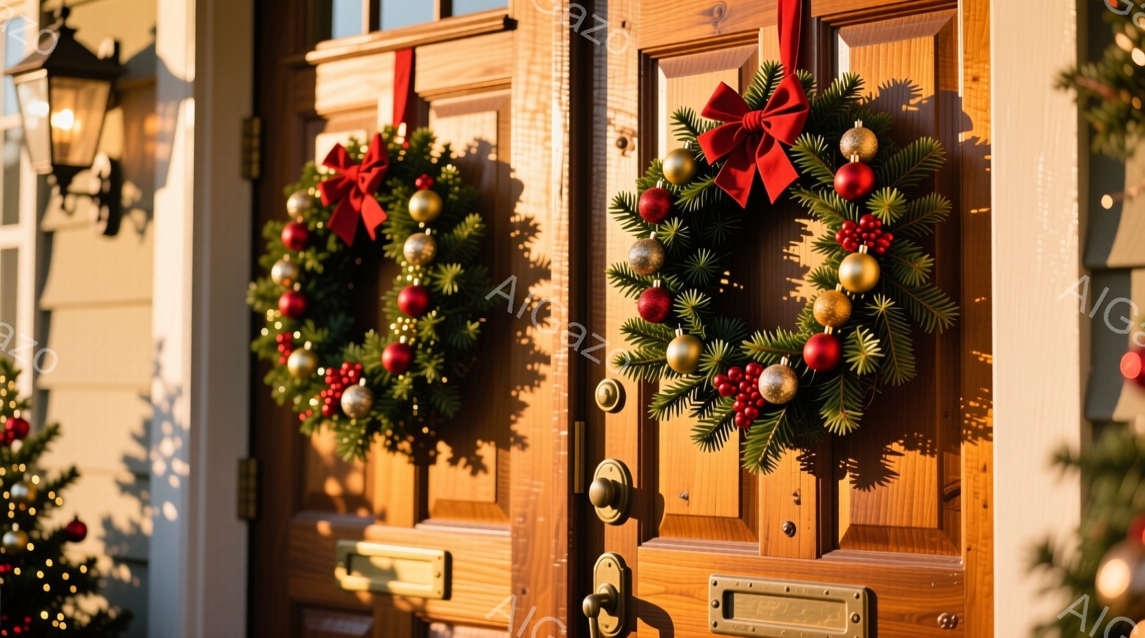 玄関ドアにクリスマスリースが飾られています。深緑の葉と赤い実、金色のオーナメントが組み合わされ、赤いリボンで華やかに彩られています。ドアは木製で、光が当たって温かみのある色合いを見せており、背景にはぼんやりと建物やクリスマスツリーが見え、穏やかで祝祭的な雰囲気が漂っています。