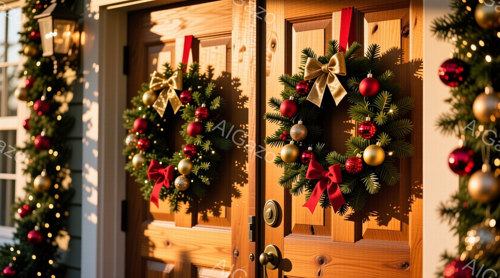 玄関のドアには、赤いリボンと金色のオーナメントで飾られたクリスマスリースが掛けられています。ドアは木製で、温かみのある色合いをしており、周囲には緑の葉と赤いボールで飾られたガーランドが絡みついています。全体的に、暖かく、お祝いの雰囲気で、クリスマスの準備が整っている様子が伝わってきます。