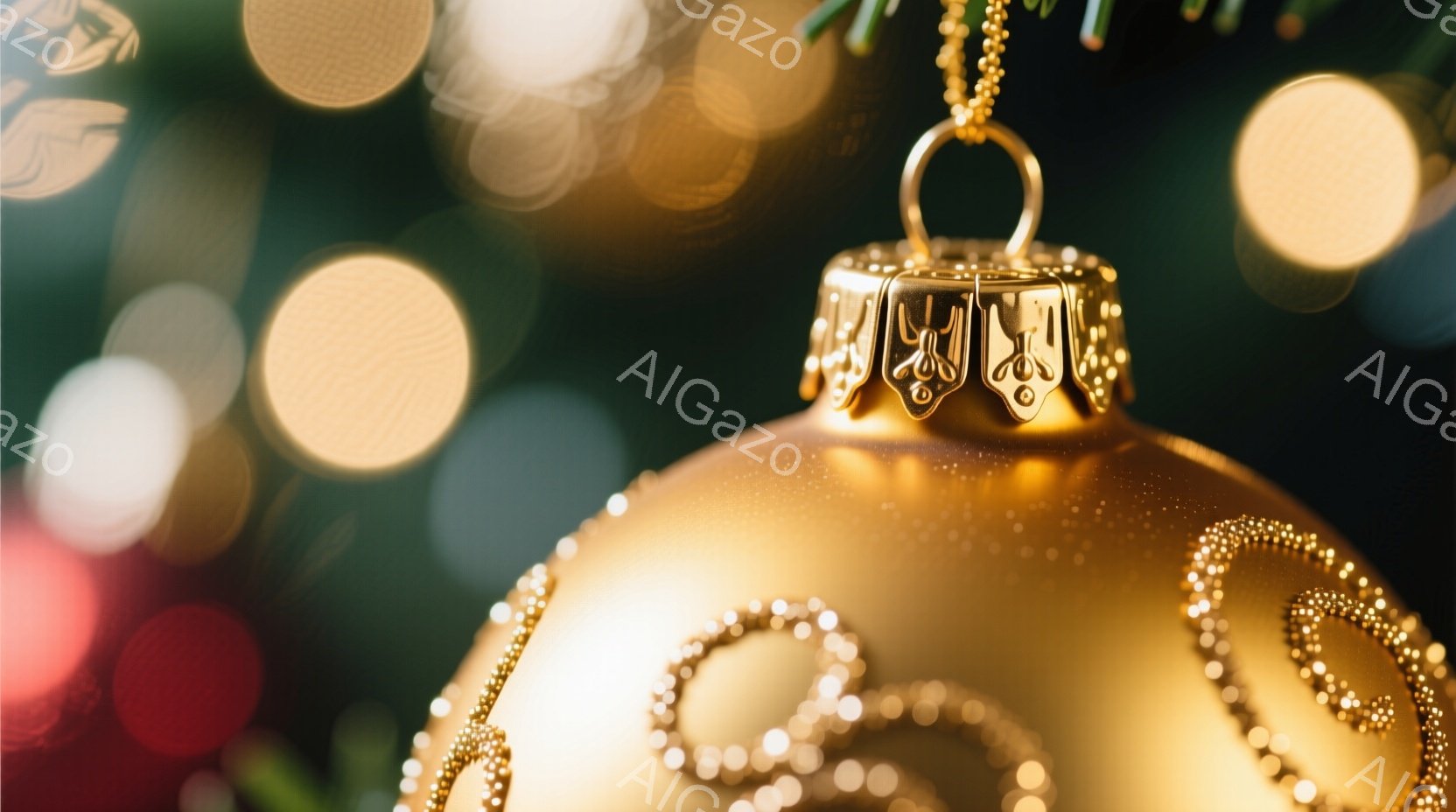 金色のオーナメントが焦点に当てられ、複雑な模様が施された表面が光を反射している。背景には緑色の葉とぼやけた光の玉が散りばめられており、クリスマスの暖かく幻想的な雰囲気を醸し出している。全体的に、洗練された装飾と柔らかな光が、ホリデーシーズンの喜びを表現している。