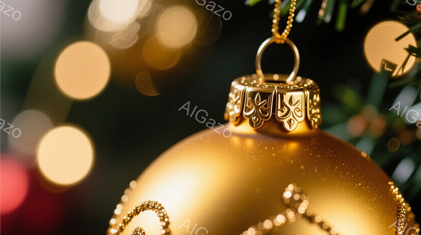 鮮やかな黄金色のクリスマスオーナメントが、緑色の背景にぼんやりと光るクリスマスツリーの中で際立っている。オーナメントは複雑な模様が施され、光を反射してキラキラと輝き、ホリデーシーズンらしい華やかさを演出している。背景にはぼかしの効いた温かい光が散りばめられ、暖かくお祝いの雰囲気を醸し出している。