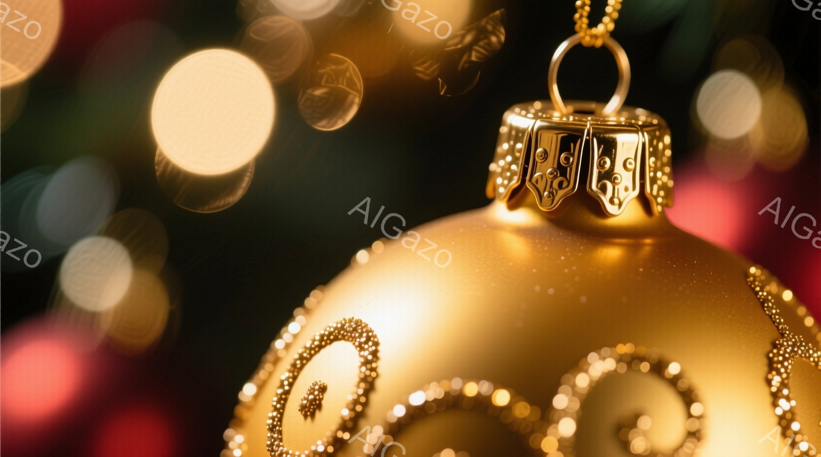 黄金色のオーナメントが焦点となっており、繊細な装飾が施された丸い形状が特徴的です。背景にはぼやけた光の玉が散りばめられ、暖かく華やかなクリスマスの雰囲気を醸し出しています。全体的に、上品で優雅な印象を与える写真です。