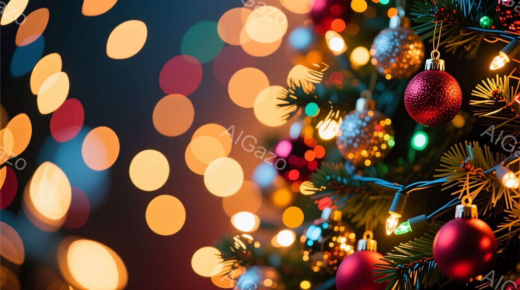 クリスマスツリーがぼやけた背景に映り込み、赤、緑、金色の装飾が輝いています。ぼんやりとした光がツリーの周りに散らばり、暖かく幻想的な雰囲気を醸し出しています。全体的に、ホリデーシーズンの喜びと興奮を象徴する、温かく柔らかなイメージです。