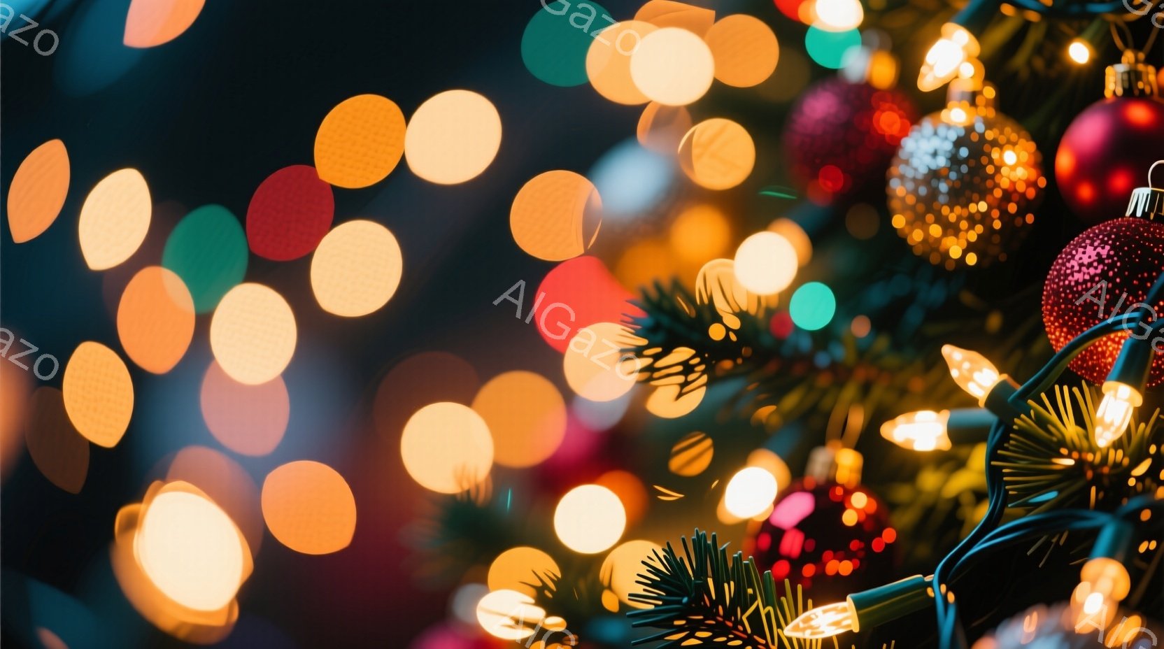 ぼやけた背景に、クリスマスツリーの飾りと電飾が写っている。暖色系の電飾と、赤や金色のオーナメントが華やかさを演出し、全体的に温かく、お祝いの雰囲気が漂っている。焦点が合っていないため、まるで夢のような - AI生成フリー素材