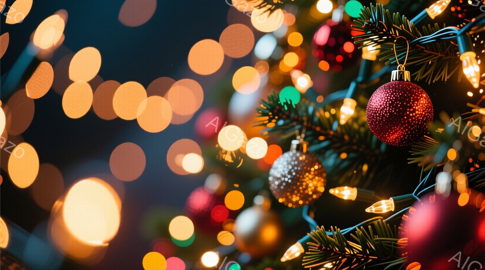 クリスマスツリーの飾り付けが映る画像です。赤と銀色のオーナメントが緑の葉とカラフルな電飾の中に混ざり合い、背景はぼやけた光の球体で満たされています。全体的に暖かく、お祝いの雰囲気が漂い、冬のホリデーシーズンを象徴しています。