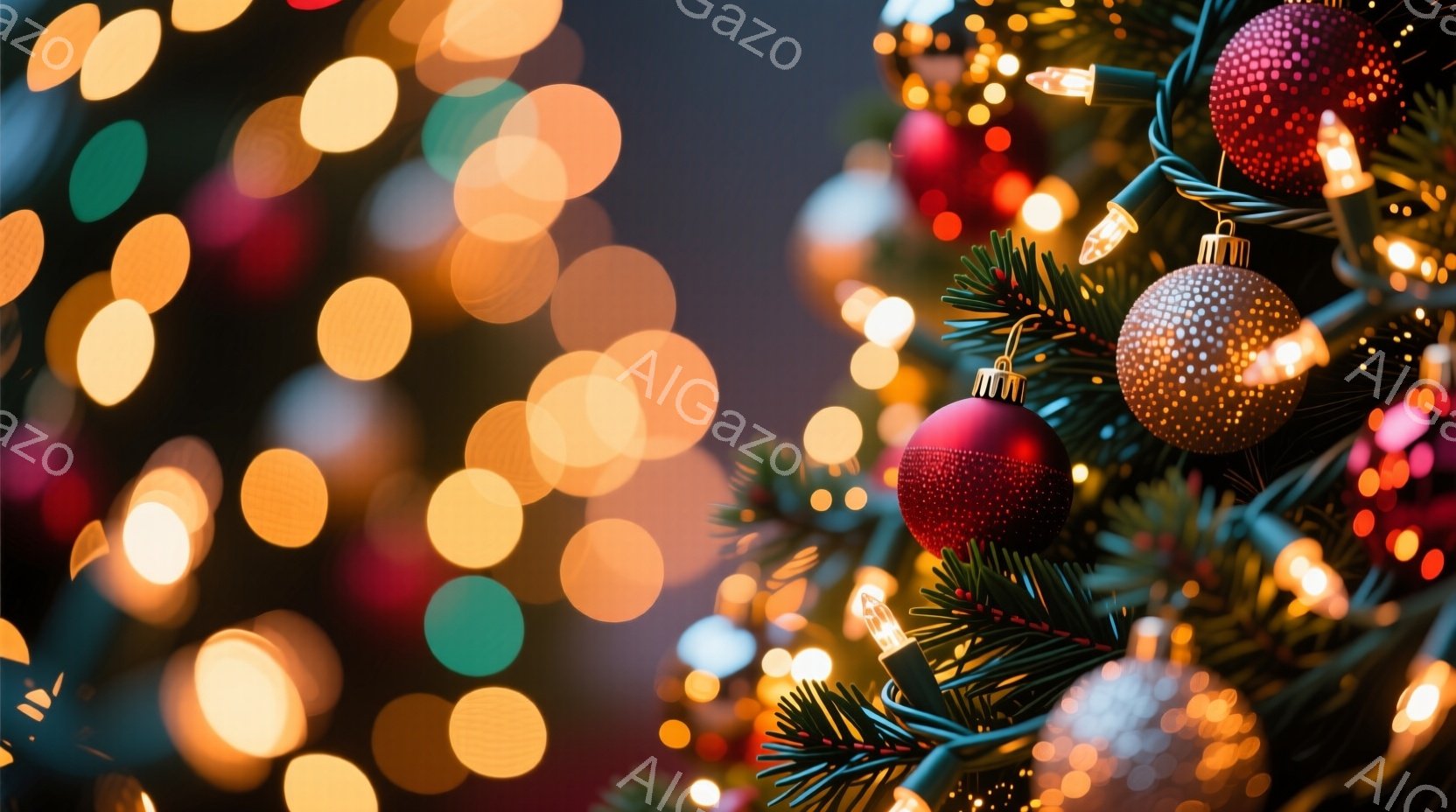 クリスマスツリーが飾られており、赤、金、銀のオーナメントが緑の葉の上に輝いています。背景には、ぼやけた暖かい色の光が散りばめられ、冬の暖かくお祝いの雰囲気を醸し出しています。全体として、この画像は、お祭りや季節の喜びを象徴する、穏やかで心地よい光景です。