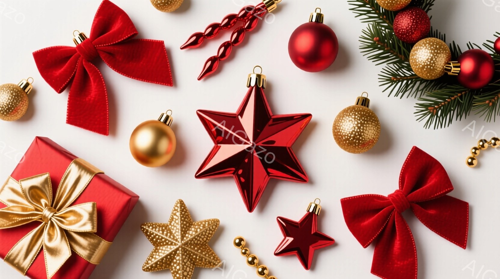 白い背景に、クリスマスオーナメントが散りばめられています。赤いリボン、金色の星、赤い星、そして金色のボールや赤いボールが、クリスマスツリーの枝と組み合わせて配置されています。全体的に華やかで、温かいク - AI生成フリー素材