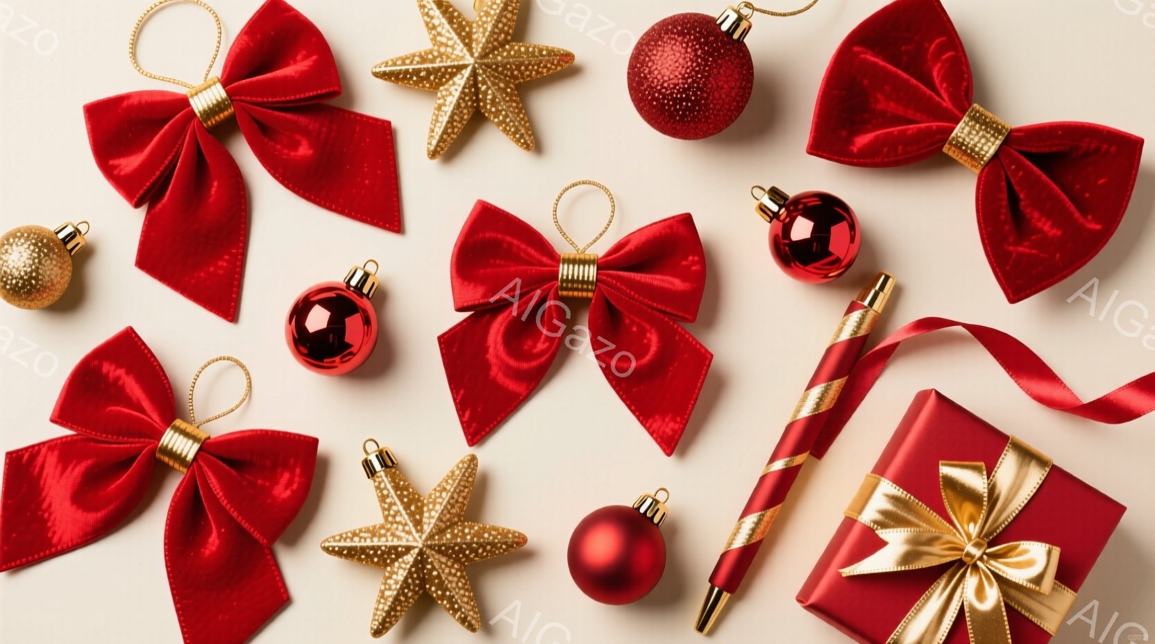 明るいベージュ色の背景に、赤いリボン、金色の星、赤いオーナメントボール、赤いペン、そして赤いリボンで飾られたプレゼントボックスが散りばめられています。これらの装飾品は、クリスマスや特別な機会の装飾とし - AI生成フリー素材
