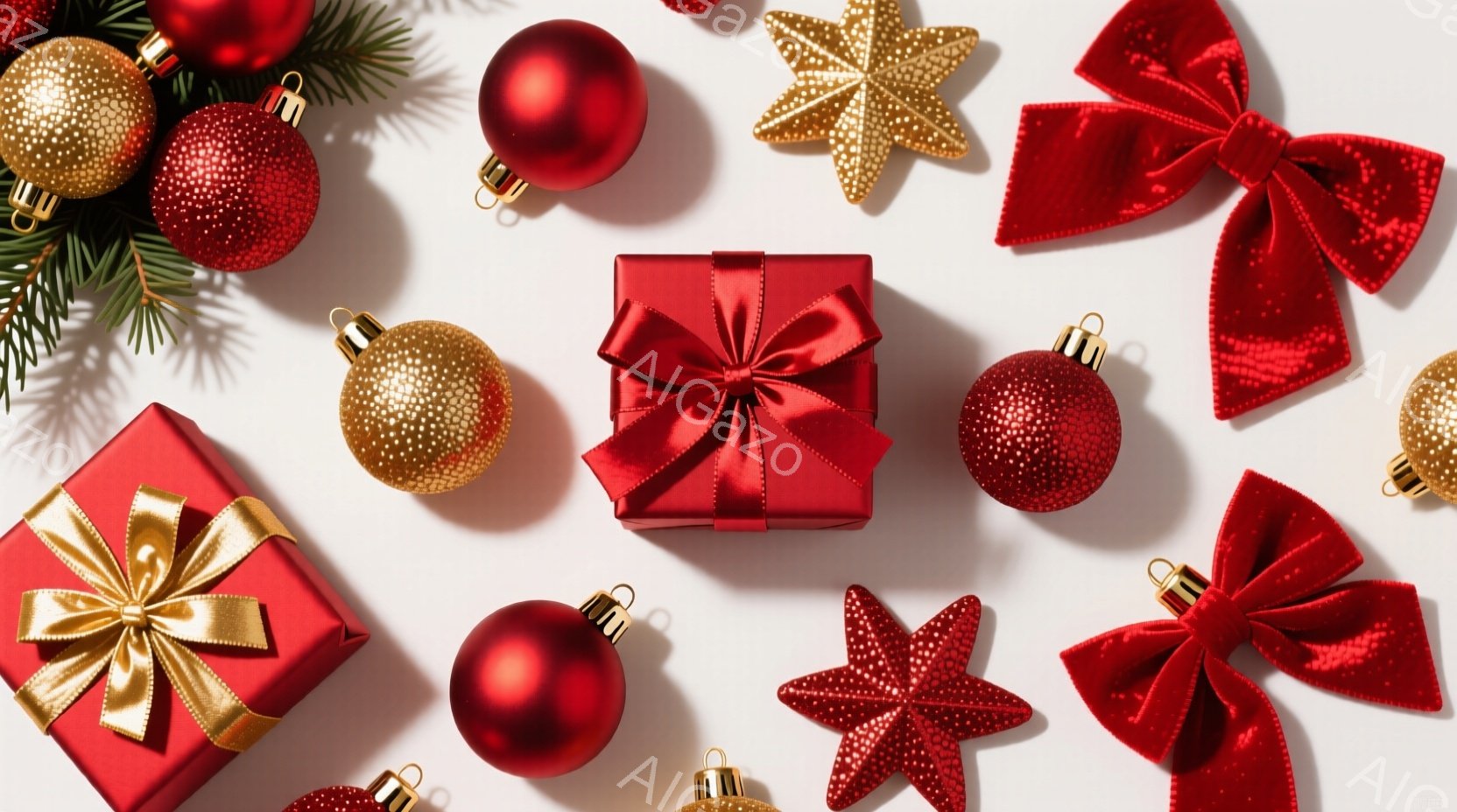 白い背景に、赤いオーナメントボール、金色の星型、赤いリボン、赤いギフトボックスが配置されています。ギフトボックスには金色のリボンが巻かれ、それぞれに光沢があり、クリスマスや特別な機会を祝う雰囲気を醸し - AI生成フリー素材