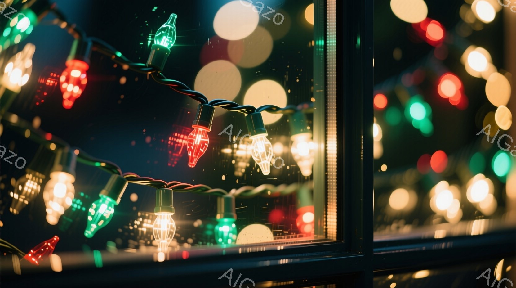 煌びやかなクリスマスライトが写真全体を彩り、暖かく幻想的な雰囲気を醸し出しています。ライトは赤、緑、黄色と様々な色で、ぼやけた背景と相まって、まるで夢のような光景を作り出しています。クリスマスシーズンや特別なイベントを連想させる、華やかで美しい一枚です。