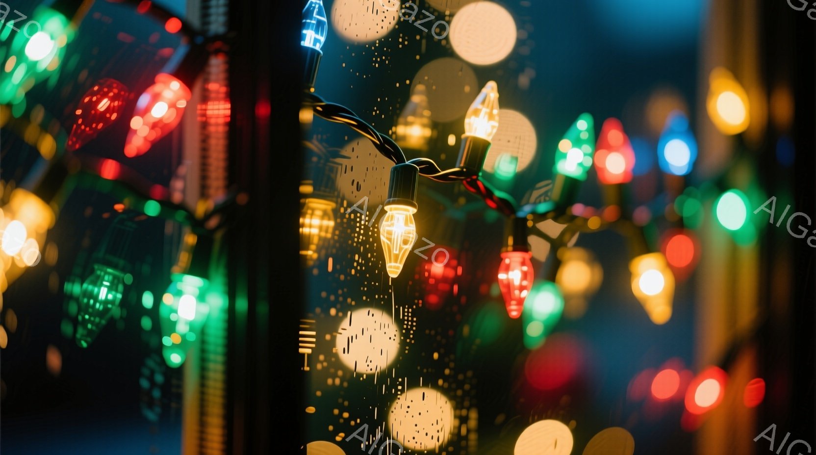 鮮やかな色のクリスマスライトがぼやけた背景に散りばめられており、赤、緑、黄色などが混ざり合い、幻想的な雰囲気を醸し出しています。光は丸みを帯びており、まるで星屑のように輝き、全体的に暖かく、お祝いムードが漂っています。雨粒のような小さな水滴がライトに付着し、光を拡散させ、より夢幻的な印象を与えています。