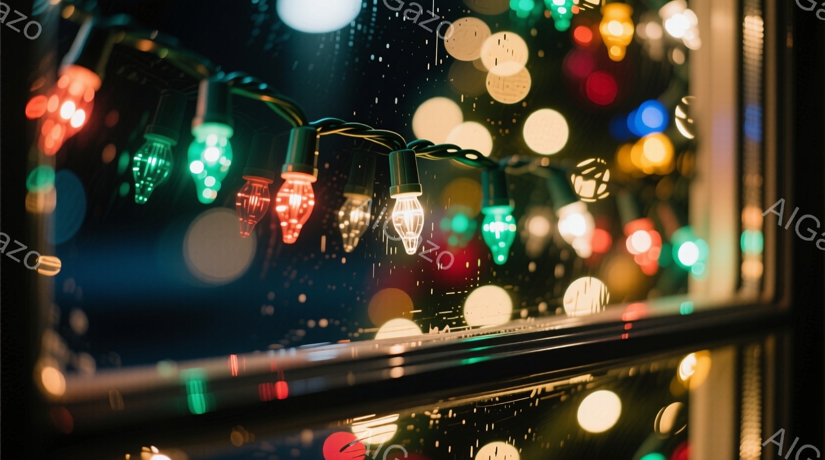 カラフルなクリスマスライトが、夜の暗闇の中でぼんやりと光り輝いている。光は様々な色合いを持ち、丸みを帯びた形をした電球が連なっている様子が特徴的だ。背景はぼやけており、雨粒が窓ガラスに付着しているように見える、幻想的でロマンチックな雰囲気の写真である。