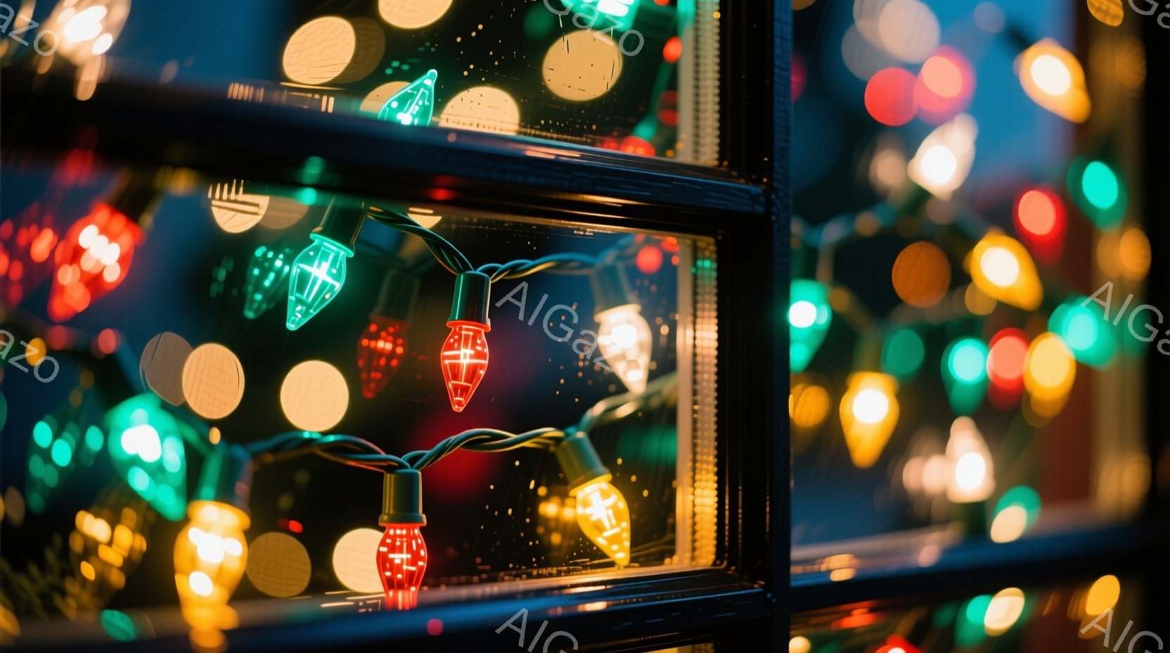 鮮やかな色のクリスマスライトがぼやけて写っている。ライトは赤、緑、黄色、青などの様々な色をしており、まるで星空のような幻想的な雰囲気を醸し出している。フレームの一部が見えており、ぼやけた背景が、このシーンをより一層神秘的にしている。