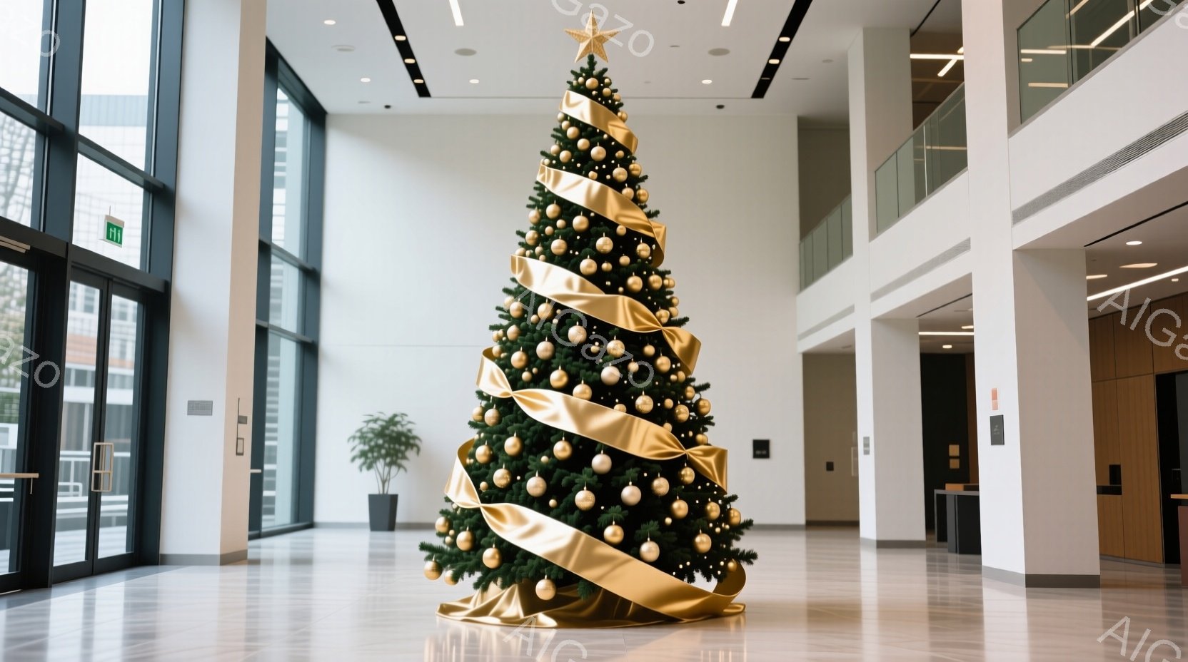 広々としたロビーの中央に、装飾されたクリスマスツリーがそびえ立っている。緑の葉に金色のリボンとオーナメントが輝き、頂上には星が飾られている。床は光沢のあるタイル張りで、背景には大きな窓と白い柱が並び、明るく開放的な雰囲気を醸し出している。