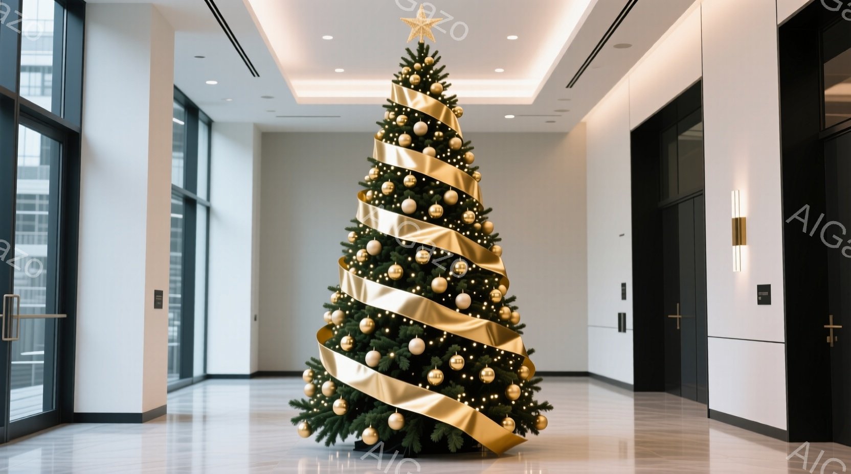 広々としたロビー中央に、豪華な装飾が施されたクリスマスツリーがそびえ立っています。深い緑の葉に金の大きなリボンが螺旋状に巻き付けられ、温かい光が全体を照らしています。背景には、洗練されたデザインの建物内部が見え、現代的で落ち着いた雰囲気を醸し出しています。