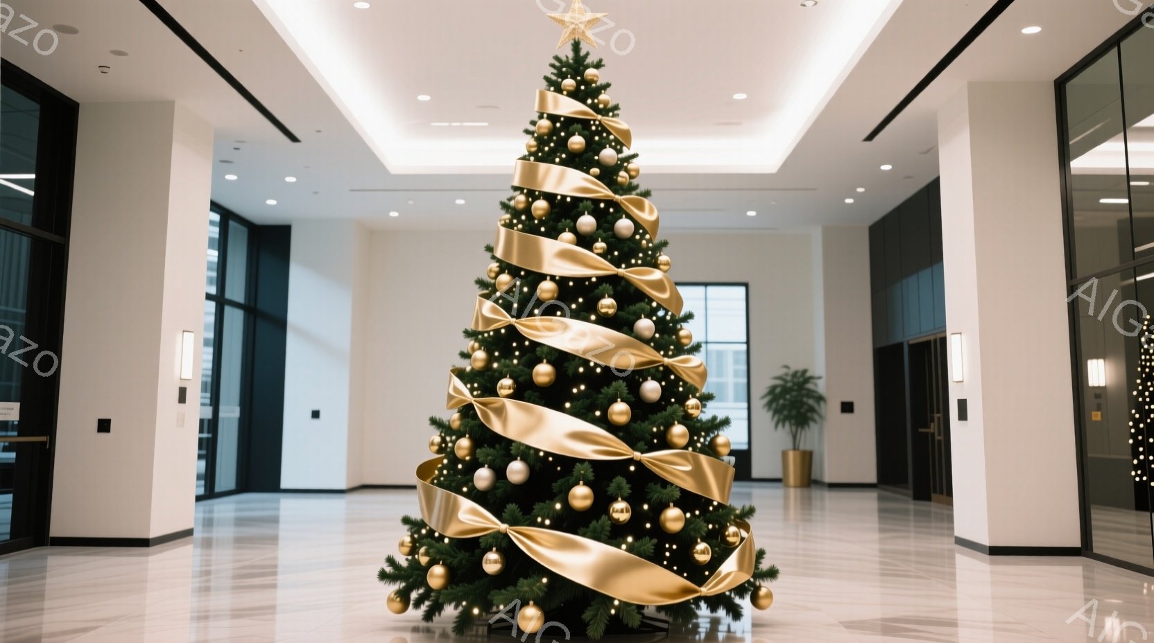 広々としたロビー中央に、装飾されたクリスマスツリーが堂々と立っている。ツリーは深緑の葉と金色のリボン、そして丸いオーナメントで飾られ、明るい照明に照らされている。背景は白を基調としたモダンな内装で、床は光沢のあるタイル張りとなっており、豪華で落ち着いた雰囲気を醸し出している。