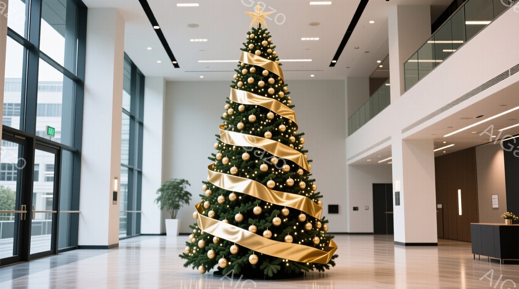 広々としたロビーに大きなクリスマスツリーが飾られています。ツリーは深い緑色で、金色のリボンが螺旋状に巻き付けられ、頂上には星が輝いています。背景はガラス張りの壁と近代的な建物で、全体的に明るく華やかな雰囲気が漂っています。