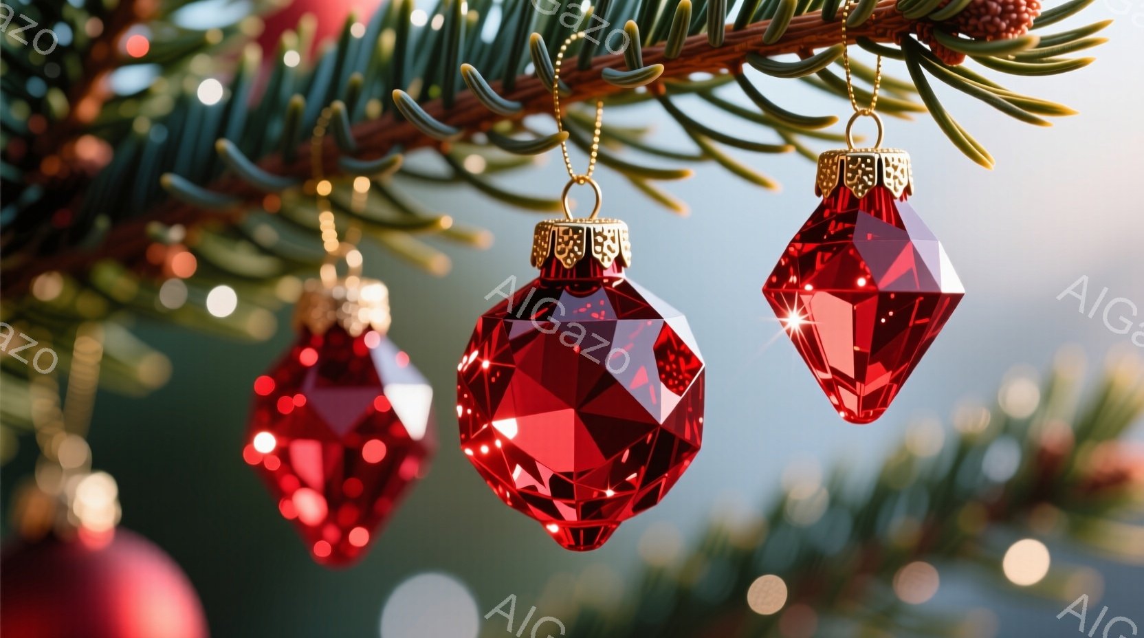 鮮やかな赤いクリスマスオーナメントが、緑色の針葉樹の枝から吊り下げられています。オーナメントはそれぞれ異なる形状で、光を反射してキラキラと輝き、背景にはぼやけた光の粒子が見られます。全体的に暖かく、華やかなクリスマスの雰囲気が漂っています。