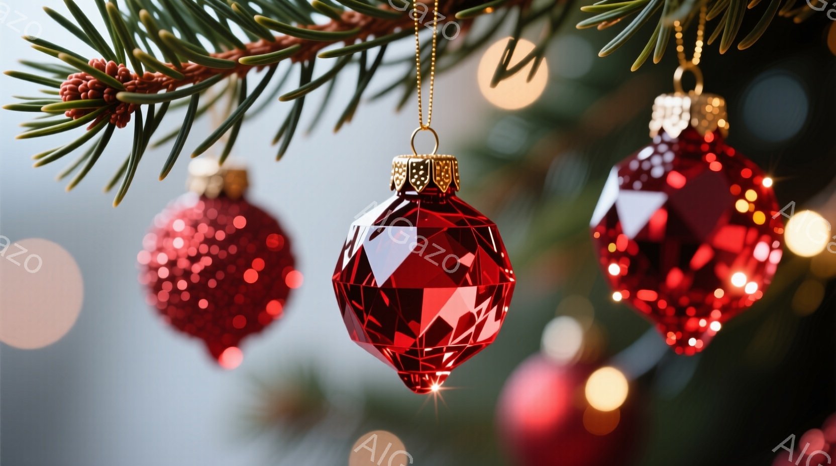 クリスマスツリーの枝に、赤色のオーナメントがいくつか飾られています。特に中央のオーナメントは多面体のような形をしており、光を反射して輝いています。背景にはぼやけたライトが散りばめられ、暖かく、お祝いの雰囲気を醸し出しています。
