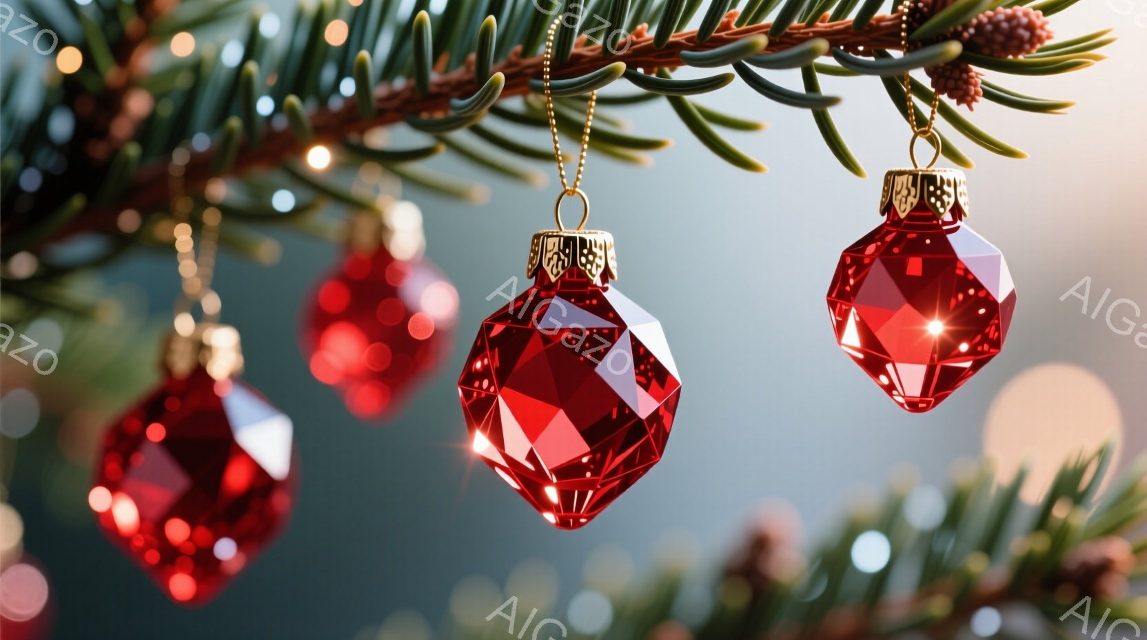鮮やかな赤いオーナメントが、クリスマスツリーの枝に飾られています。光沢があり、多面的な形状が特徴で、背景にはぼやけた緑と柔らかな光が広がっています。全体的に華やかで、クリスマスの温かい雰囲気が漂ってい - AI生成フリー素材