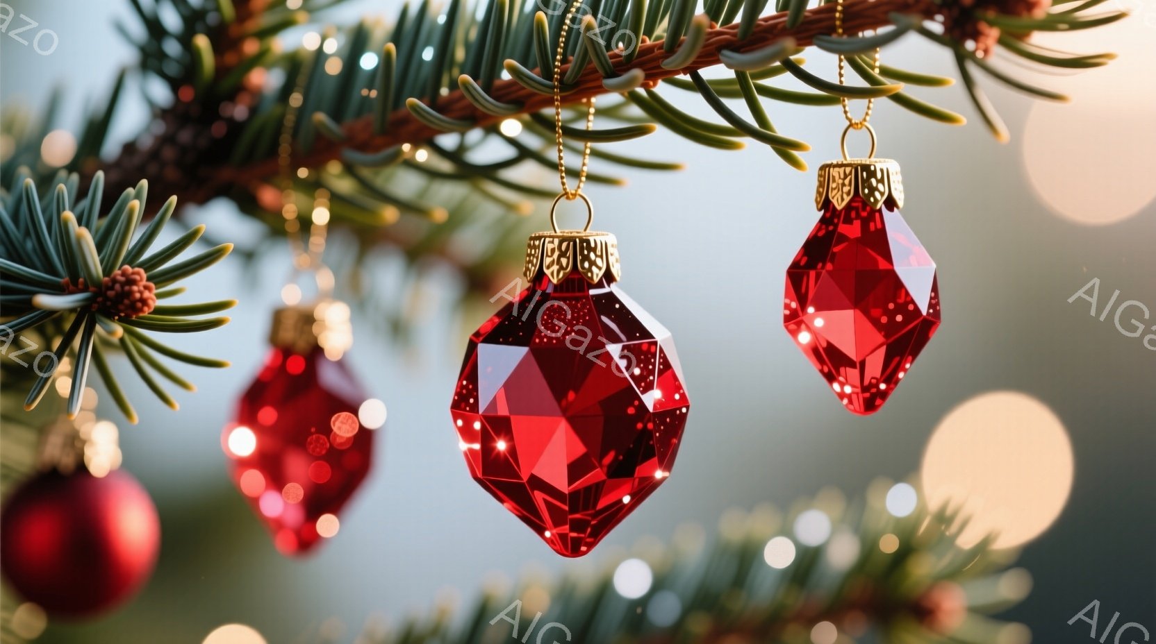 深紅色のオーナメントがクリスマスツリーの緑豊かな枝に飾られています。オーナメントは多面体のような構造で、光を反射してキラキラと輝いています。背景はぼかされており、暖かい光が差し込み、クリスマスの静かで華やかな雰囲気を醸し出しています。