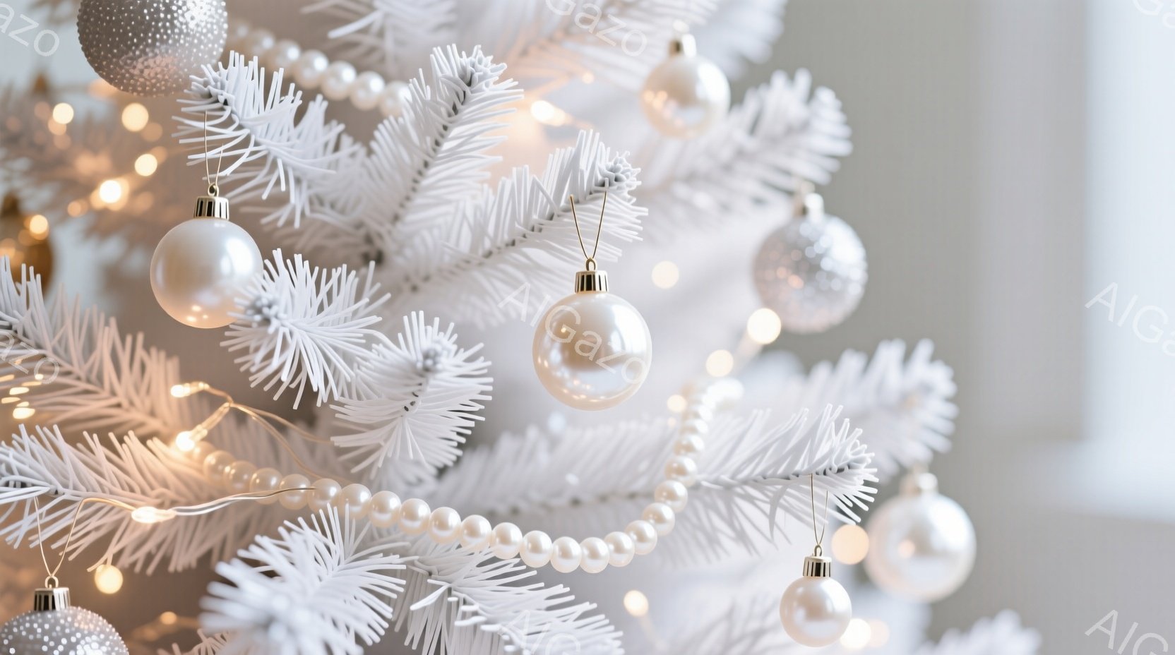 白いクリスマスツリーが焦点となっており、銀色のオーナメントとパール調のガーランドで飾られています。暖かい光のストリングライトがツリーを照らし、全体的に優雅で落ち着いた雰囲気を醸し出しています。背景はぼかされており、華やかさよりも装飾そのものを際立たせています。