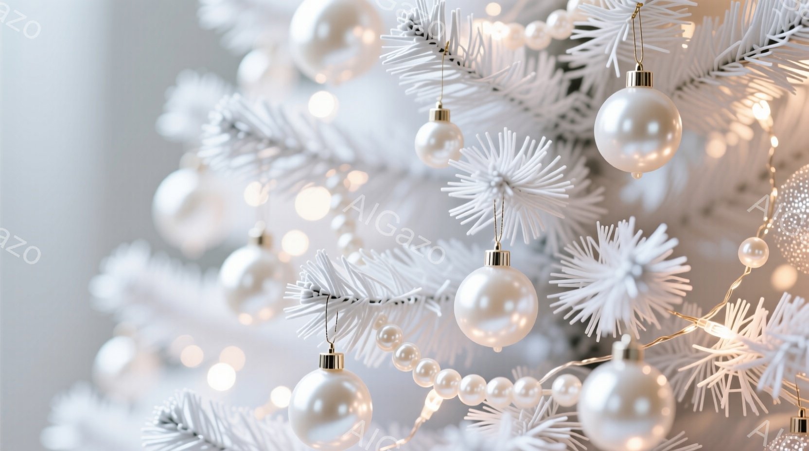 白いクリスマスツリーが写っており、白やパール調のオーナメントと、暖色のライトが飾られています。ツリーの枝はふさふさとしており、オーナメントがキラキラと輝き、冬の暖かい雰囲気を醸し出しています。背景はぼかされており、オーナメントとライトが際立ち、上品で落ち着いた印象を与えます。