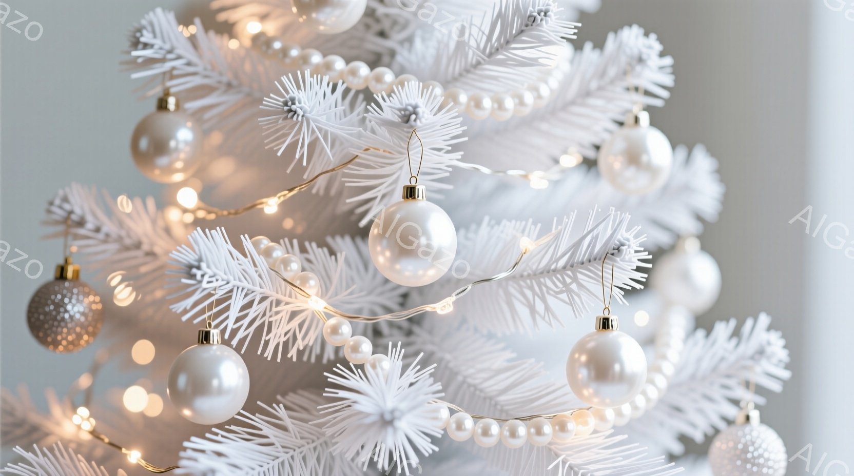 白いクリスマスツリーが写っており、白とゴールドのオーナメントが飾られています。ツリーには小さな電飾が巻き付けられ、温かい光が放たれています。全体的に、きらびやかで上品な雰囲気であり、冬の祝祭感を演出しています。