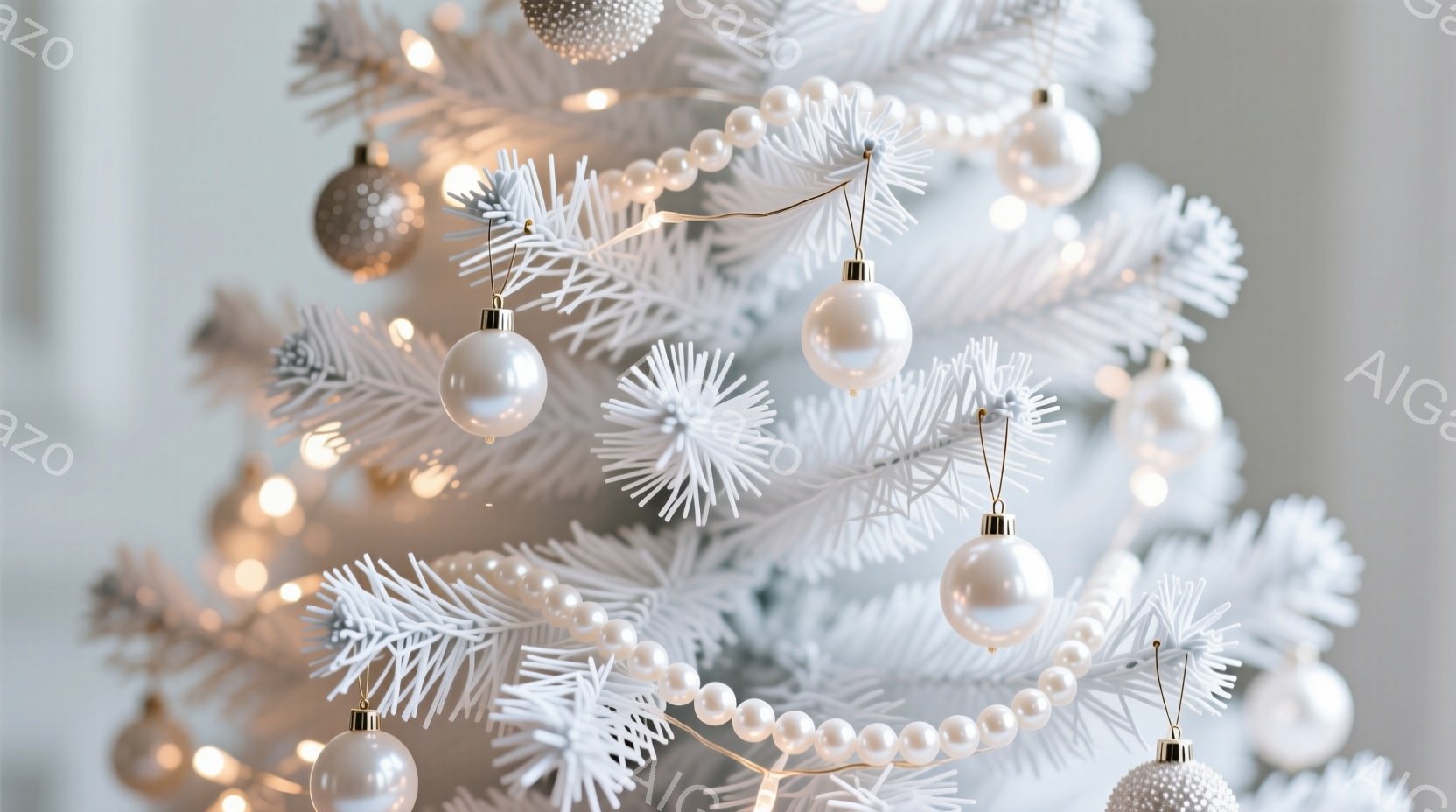白いクリスマスツリーが写っており、白いオーナメントやパールのようなビーズのガーランドで飾られています。ツリーには暖かい光のイルミネーションが輝き、冬の穏やかな雰囲気を醸し出しています。背景はぼかされており、フォーカスは装飾されたツリーに集中しています。