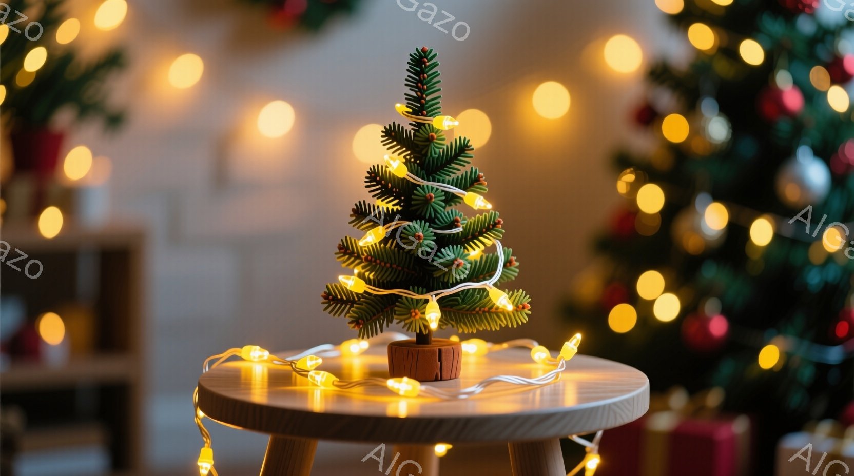 小さなクリスマスツリーが丸い木製の台の上に置かれています。ツリーは飾り付けられており、温かい光を放つ電飾が巻き付けられています。背景にはぼやけたクリスマスツリーとプレゼント箱が見え、全体的に暖かく、お祝いムードに満ちた雰囲気が漂っています。