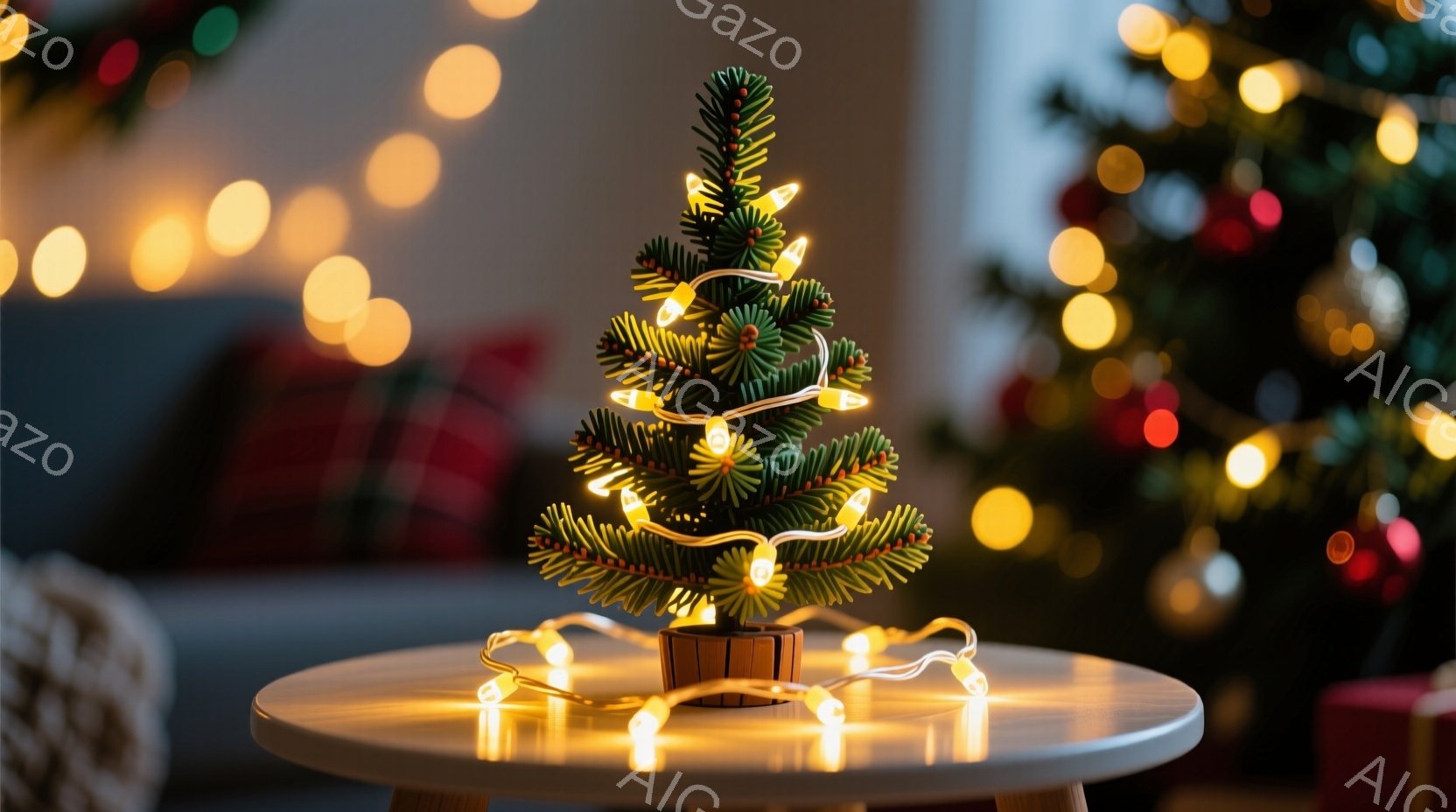 小さな卓上クリスマスツリーが、丸い白いテーブルの上に置かれています。暖かい黄色のイルミネーションライトがツリーを飾り、テーブルの周りを優しく照らしています。背景にはぼやけたクリスマスツリーとプレゼントが見え、全体的に温かく、お祝いの雰囲気が漂っています。