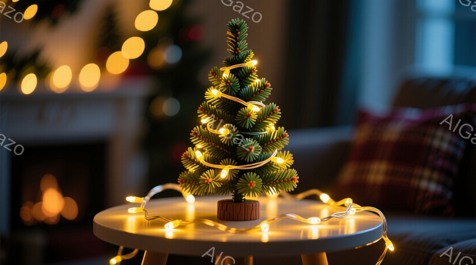 小さなクリスマスツリーが円形の白いテーブルの上に飾られています。ツリーは緑の葉と、暖かい光を放つ小さな電球で飾られ、木のベースは茶色い土台です。背景には、ぼやけた暖炉の光と、チェック柄のソファの一部が見え、全体的に暖かく居心地の良いクリスマスの雰囲気が漂っています。