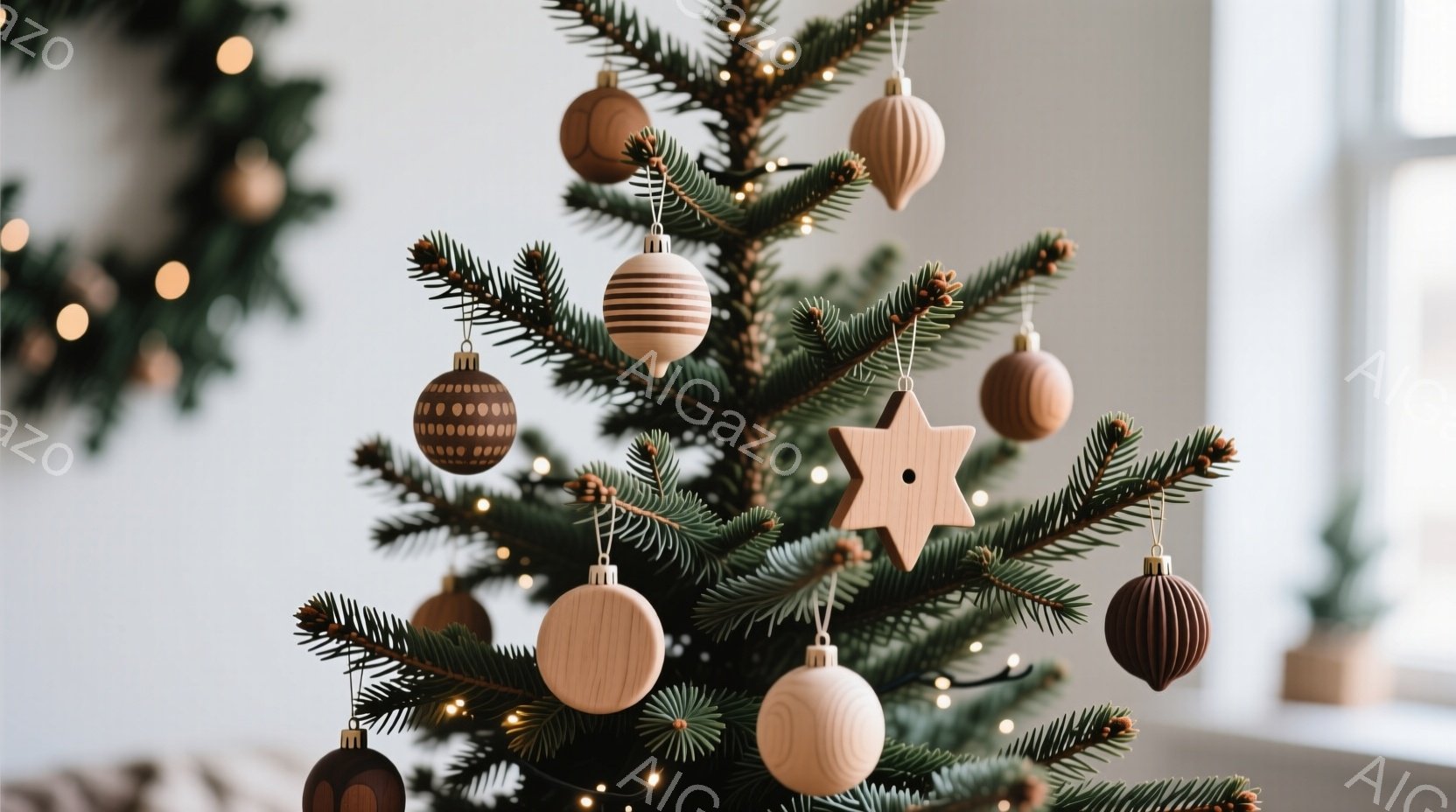 クリスマスツリーが写っており、木製のオーナメントが飾られています。オーナメントは様々な形をしており、白木の色合いが温かみのある雰囲気を醸し出しています。背景にはぼやけた室内空間が見え、ホリデーシーズンの穏やかで落ち着いた雰囲気が感じられます。