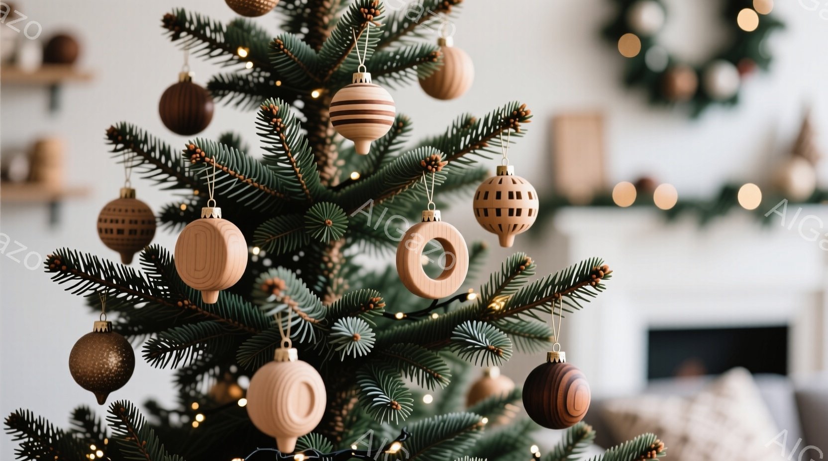 クリスマスツリーが写っており、様々なデザインのオーナメントが飾られています。木製の球形や模様入りのオーナメントが緑の葉に彩りを添え、背景にはぼやけた暖炉と部屋の一部が見えます。全体的に暖かく、穏やかなクリスマスの雰囲気が漂っています。