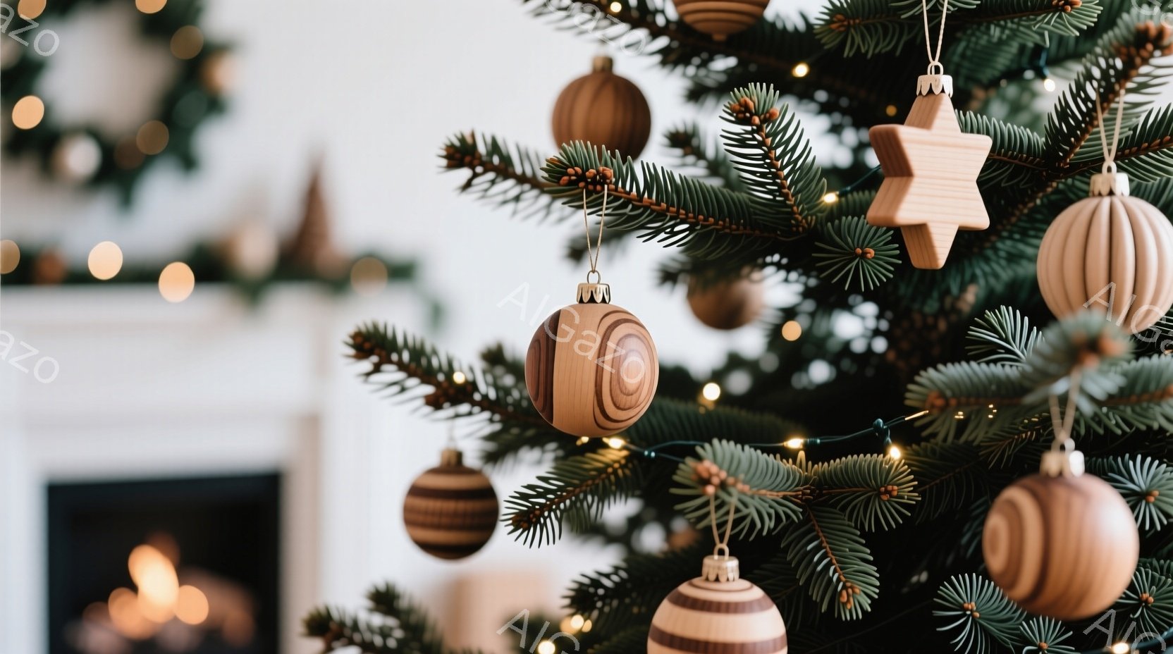 クリスマスツリーの枝に、木製のオーナメントが飾られています。丸いものや星形のものがあり、暖色系の優しい光が木全体を包み込んでいます。背景には暖炉が見え、冬の温かく穏やかな雰囲気が漂っています。