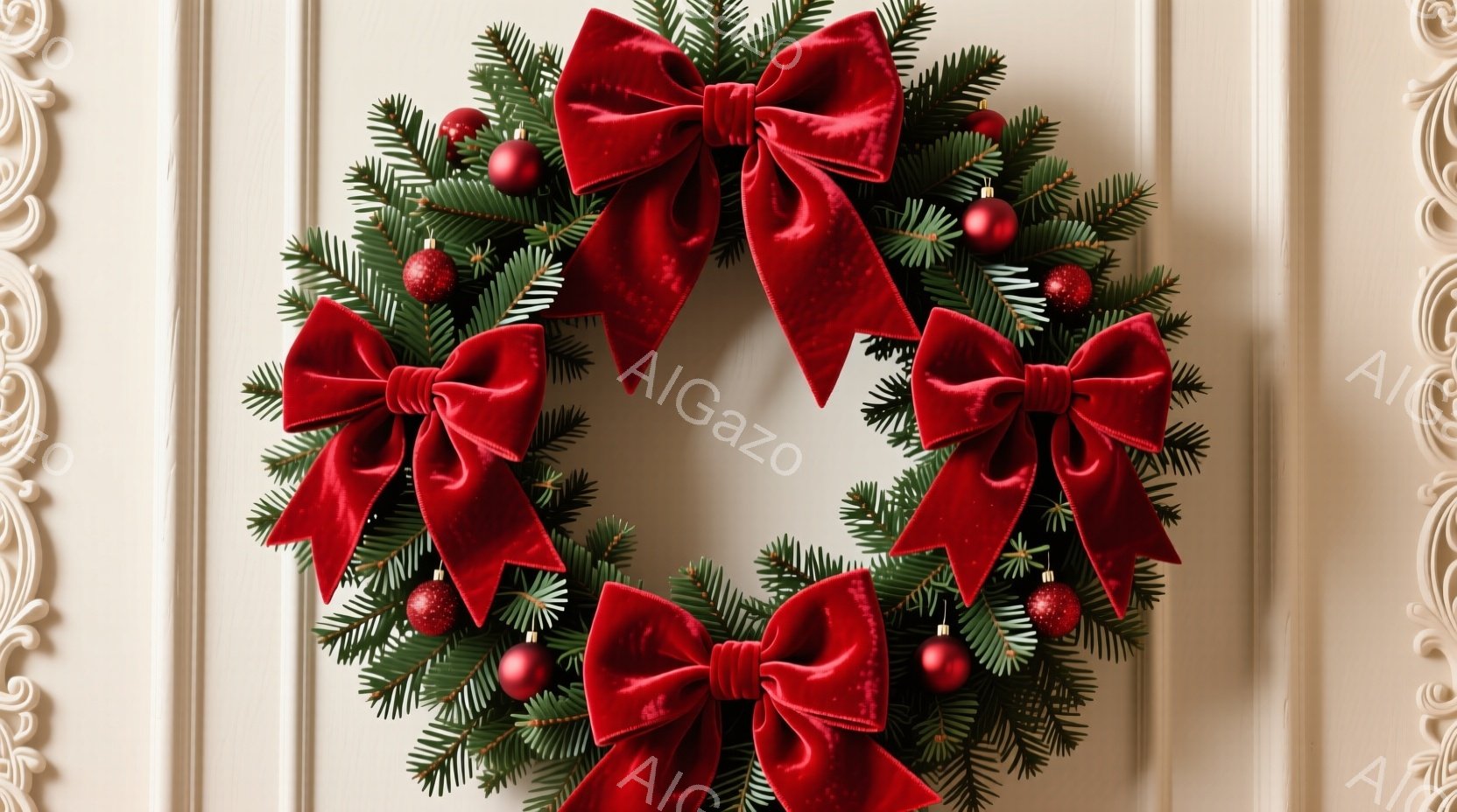 鮮やかな緑のクリスマスリースが、オフホワイトの背景に飾られています。深紅のベルベットのリボンがリースに結ばれており、小さな赤いオーナメントボールと松ぼっくりがアクセントとして散りばめられています。全体 - AI生成フリー素材