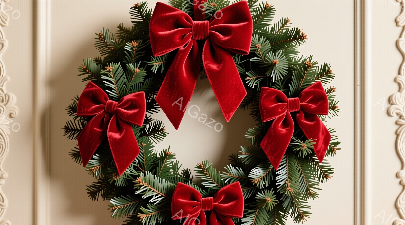鮮やかな緑の葉と赤いベルベットのリボンが飾られたクリスマスリースが、クリーム色の壁に掛かっている。葉の間に小さな赤い実が散りばめられ、冬の暖かさと祝祭の雰囲気を醸し出している。背景の壁は繊細な模様が施され、リースと対照的に上品さを添えている。