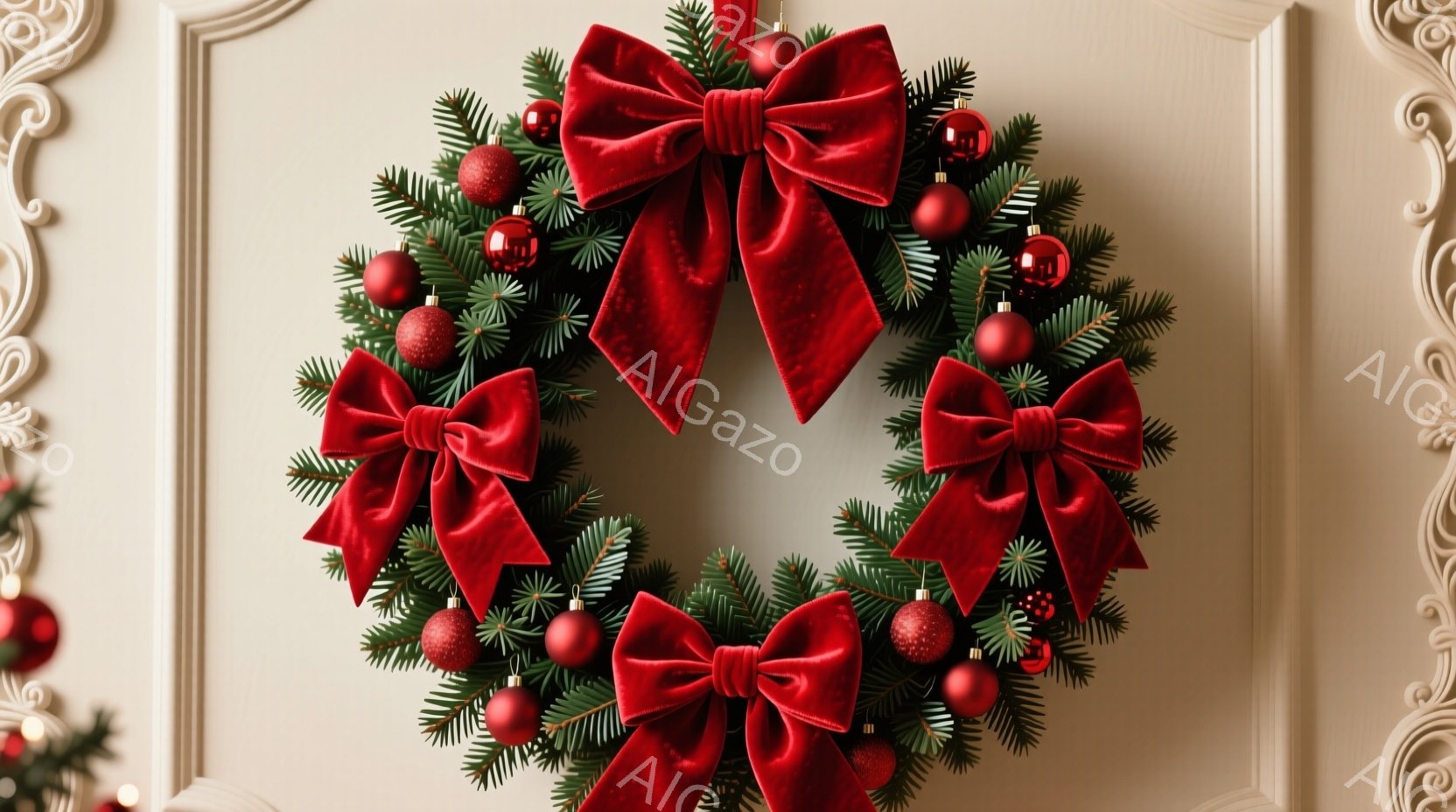 クリスマスリースがクリーム色の壁に飾られています。深い赤色のベルベットのリボンがリースの上部に結ばれており、赤いオーナメントボールが緑の葉の間に散りばめられています。リースは暖かく、お祝いの雰囲気を作り出しており、背景の壁の繊細な装飾が、上品さを加えています。