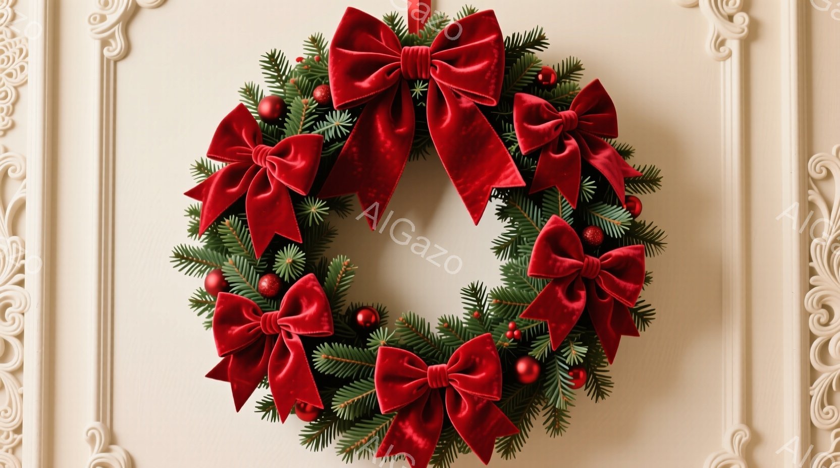 クリスマスリースがクリーム色の背景に飾られています。深い赤色のベルベットのリボンがリースに結ばれ、緑の葉と赤い実がアクセントとなっています。全体的に温かく、お祝いの雰囲気が漂う、冬の静謐なイメージです。