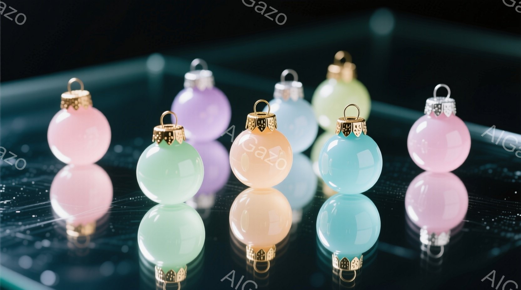 淡いパステルカラーのクリスマスオーナメントが、黒い反射面の上に並べられています。それぞれのオーナメントは光沢があり、丸みを帯びた形をしており、上部には金色の装飾が付いています。背景は暗く、オーナメントが際立っており、静かで上品な雰囲気を醸し出しています。