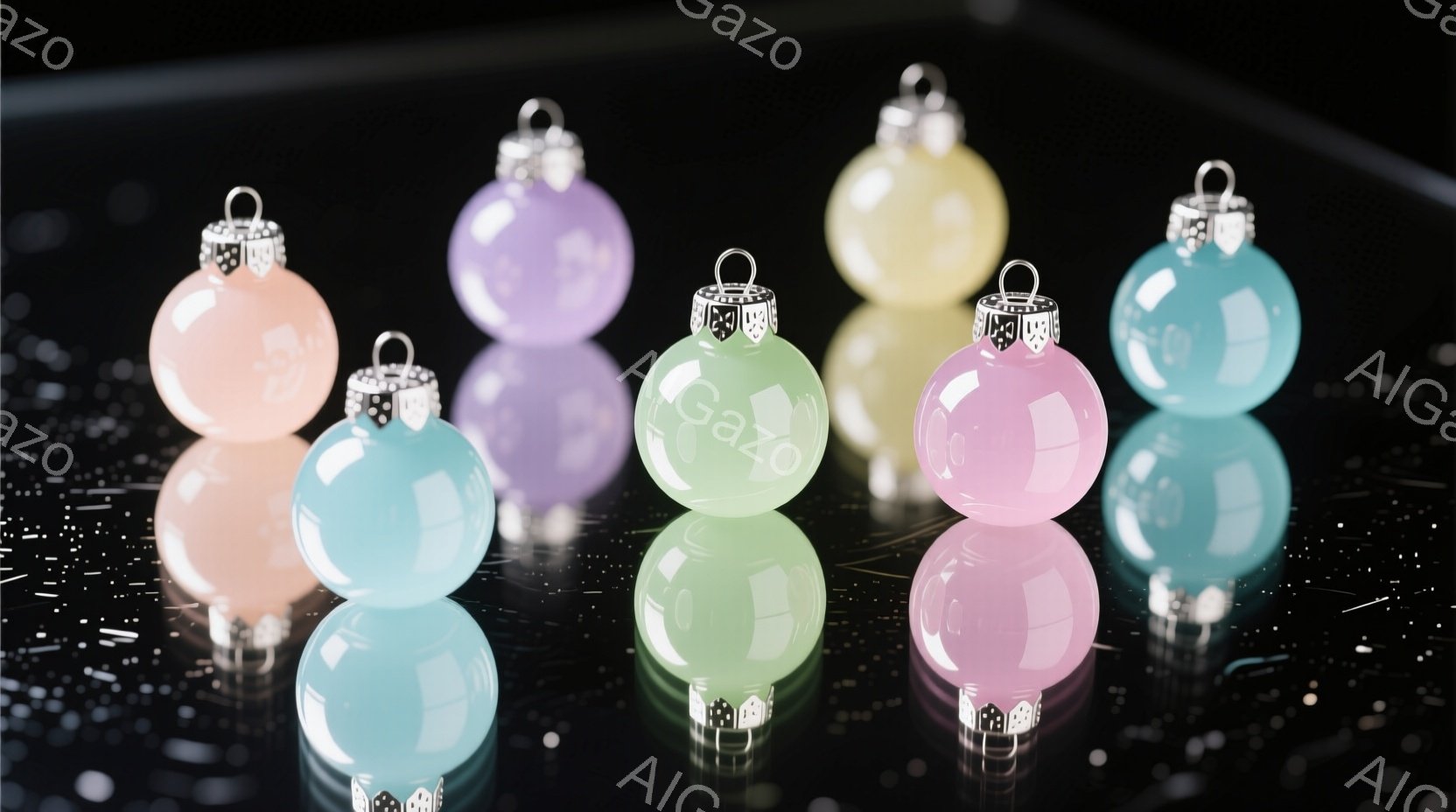 画像には、さまざまなパステルカラーのクリスマスオーナメントが、光沢のある黒い背景に並べられています。オーナメントは半透明で、光を反射して柔らかい輝きを放っています。全体的に、優しく穏やかな雰囲気を醸し出しており、お祝いの季節を予感させます。