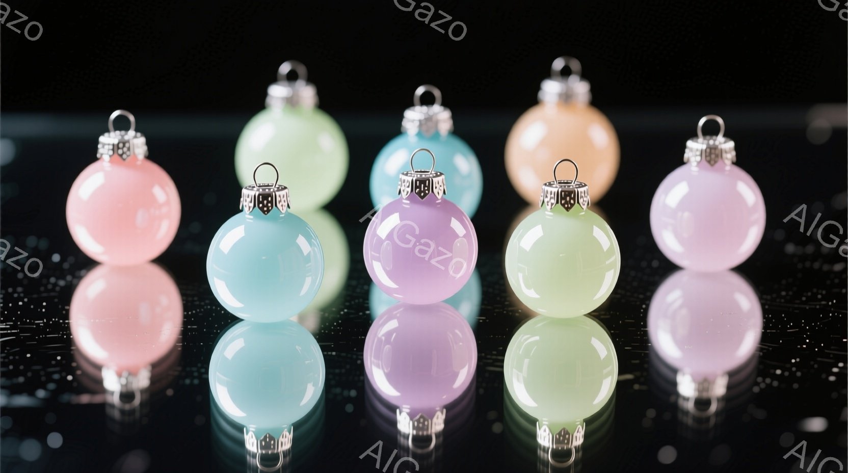 画像には、様々なパステルカラーのクリスマスオーナメントが、黒い反射面の上に並べられています。オーナメントはそれぞれ光沢があり、光を反射して柔らかい輝きを放っています。背景は暗く、オーナメントの色合いが際立っており、静かで上品な雰囲気を醸し出しています。