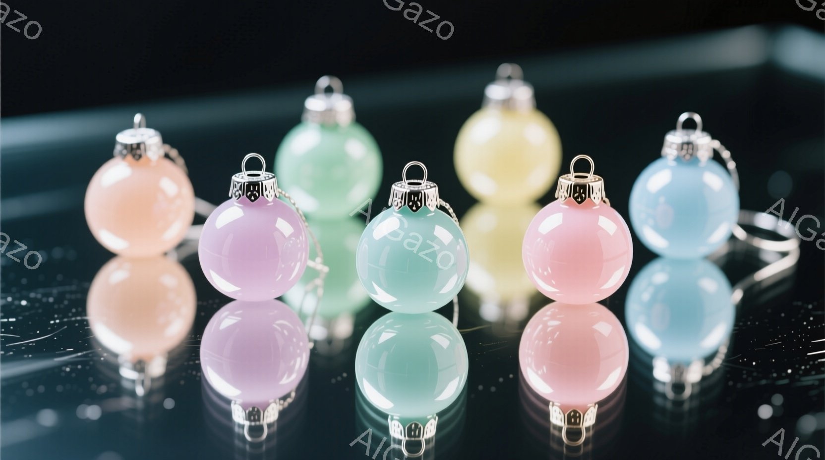 鮮やかなパステルカラーのオーナメントボールが、黒い反射面の上に並べられています。それぞれが光を内側から浴びており、半透明の質感が際立っています。全体的に柔らかく、夢幻的な雰囲気を醸し出しています。