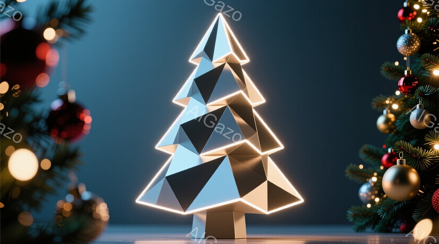 鮮やかな青色の背景に、幾何学的なデザインのクリスマスツリーが光を放っている。ツリーは多角形を重ねて作られており、縁取りに明るい光が走っている。背景にはぼやけたクリスマスツリーの飾りが見え、暖かくお祝いの雰囲気を醸し出している。