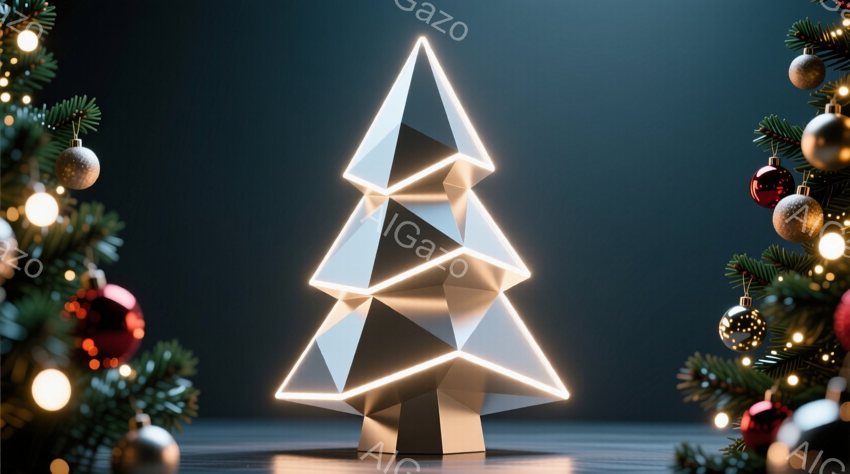 鮮やかな緑のクリスマスツリーのフレームに挟まれた、幾何学的な白い光るオブジェが印象的な画像です。光るオブジェは、多面体で構成され、モダンでミニマルなクリスマスツリーの表現になっています。背景は暗い青色で、反射面により光が強調され、華やかで近未来的な雰囲気を醸し出しています。