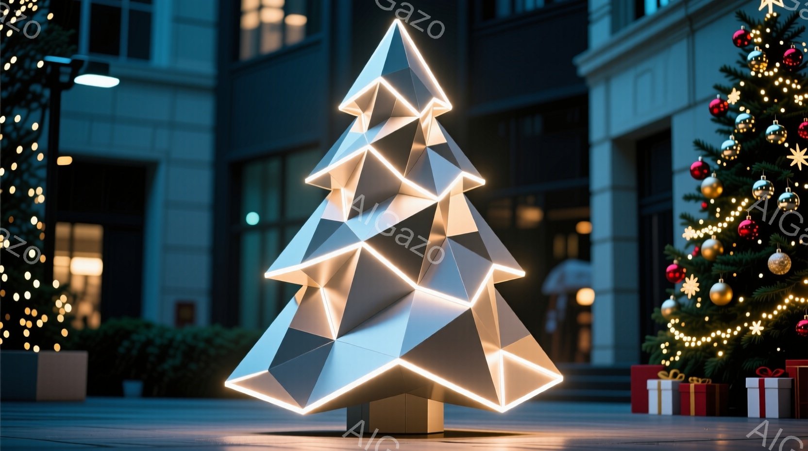 幾何学的なデザインの光るクリスマスツリーが、石畳の広場に設置されている様子が描かれています。背景には、ライトアップされた建物と、プレゼントボックスが並び、暖かく華やかな雰囲気を醸し出しています。全体的に、モダンで洗練されたクリスマスの光景が表現されています。