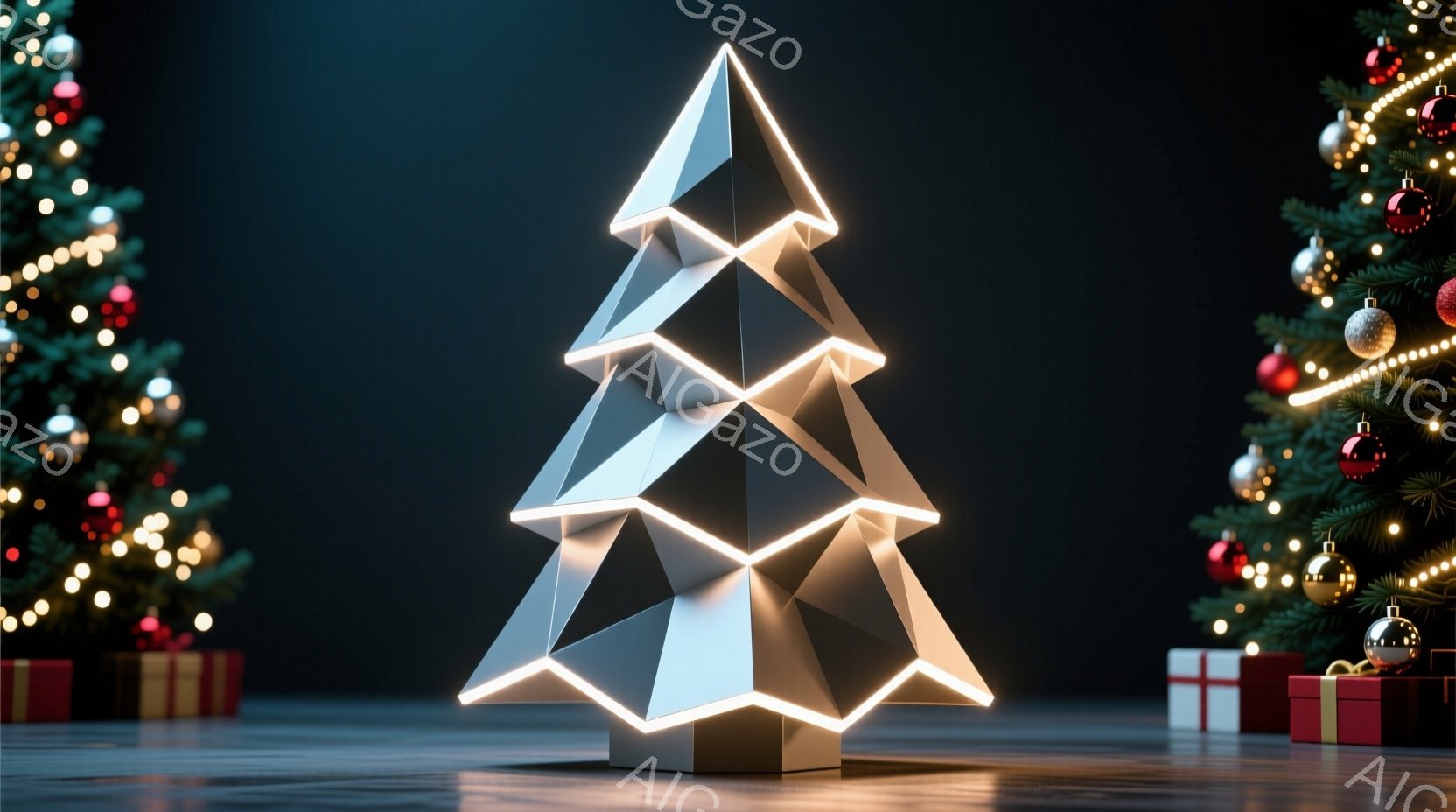 鮮やかなクリスマスツリーが背景にぼやけており、その手前には幾何学的なデザインの光る白いオブジェが配置されています。オブジェは三角形を重ねたような形状で、下部には立方体が組み込まれています。暗い背景と光のコントラストが、モダンで洗練された雰囲気を演出しています。