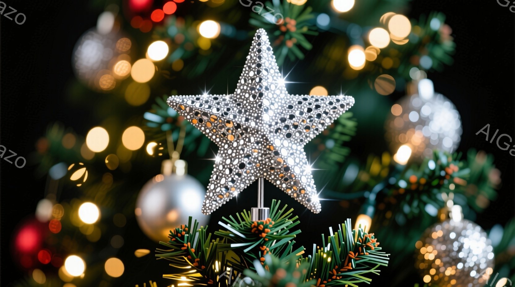 クリスマスツリーの頂上に、きらびやかな星形のオーナメントが輝いている。背景には、ぼやけたクリスマスボールや緑の葉、そして暖かい色の光が散りばめられており、華やかで祝祭的な雰囲気を醸し出している。全体的に、温かく、夢のようなクリスマスの光景が表現されている。