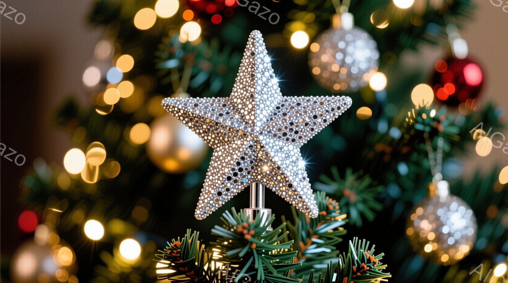 クリスマスツリーの頂上に、きらびやかな星のオーナメントが飾られています。背景には緑の葉と、ぼやけた金色の光が散りばめられており、華やかで暖かい雰囲気を醸し出しています。全体的に、お祝いの季節の喜びと興奮を表す、美しい光景です。